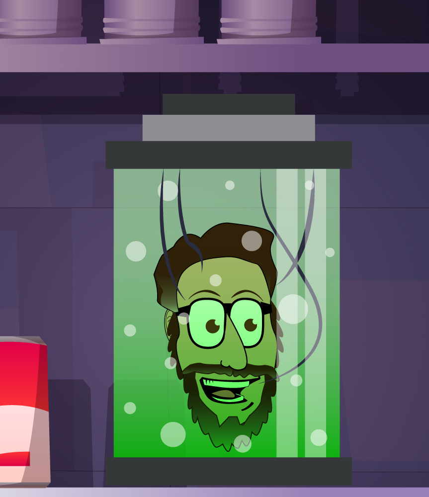 Drawing of Andrew's smiling head suspended in liquid in a mad-scientist jar